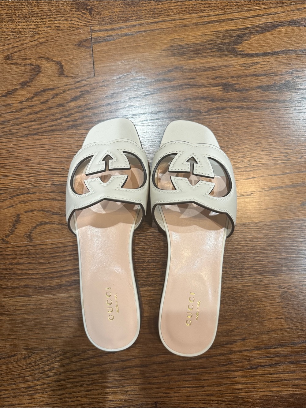 Gucci Cream Leather GG Cutout Slide Sandals